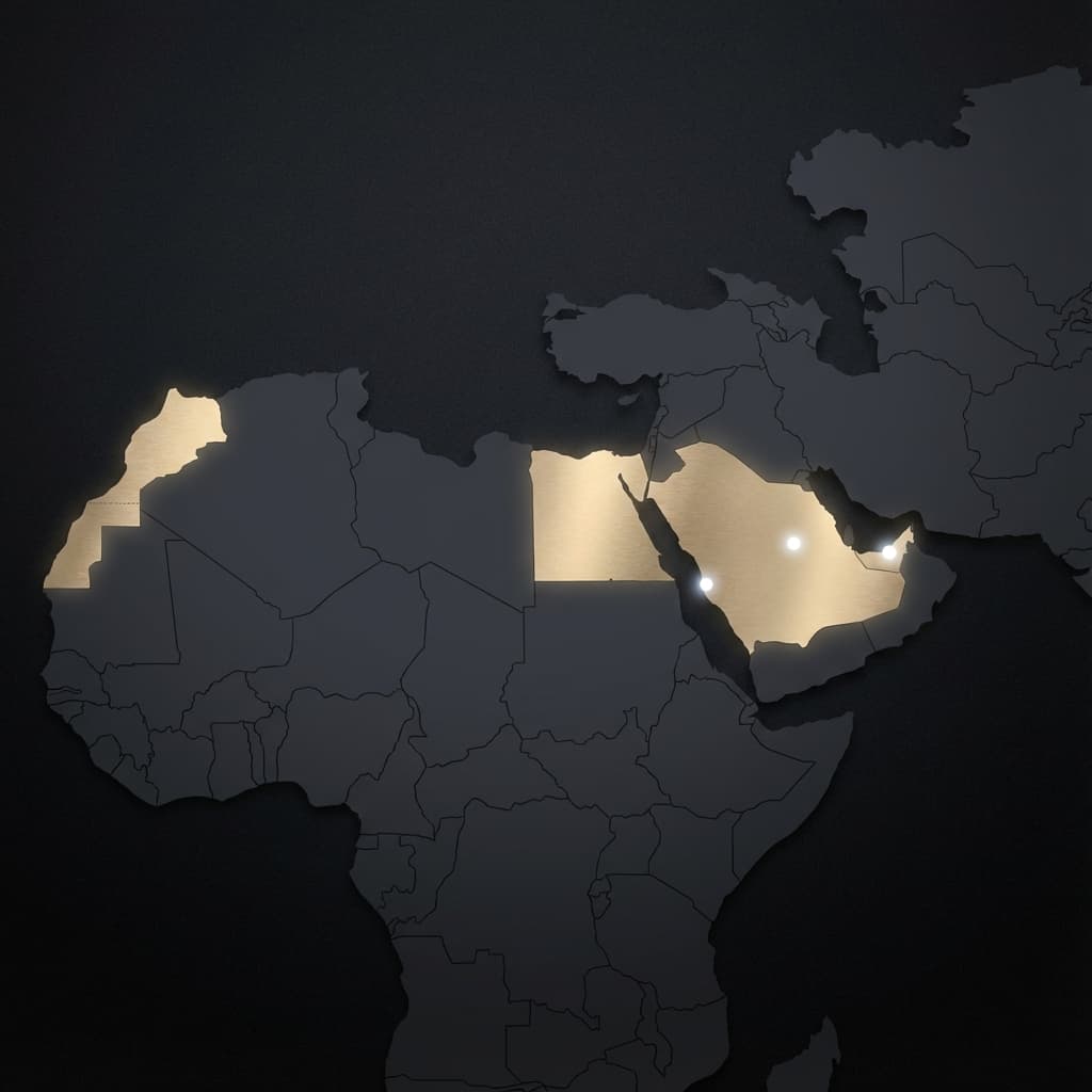 Map of MENA region highlighting Saudi Arabia, UAE, Egypt, Morocco with offices in Riyadh and Jeddah